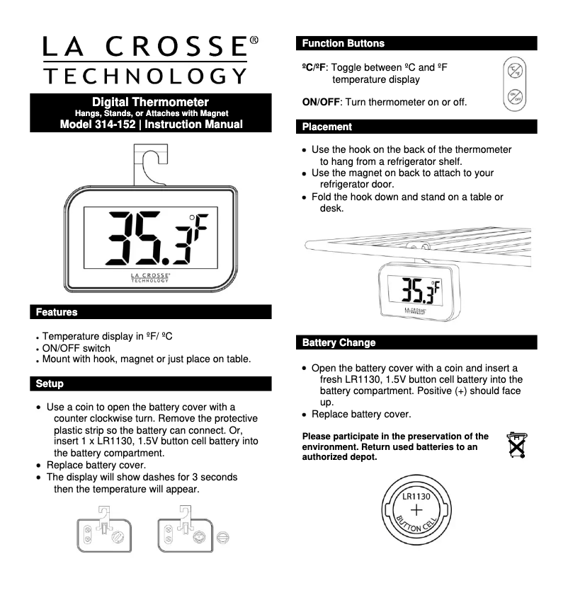 Page 1 de la notice Manuel utilisateur La Crosse Technology 314-152-M