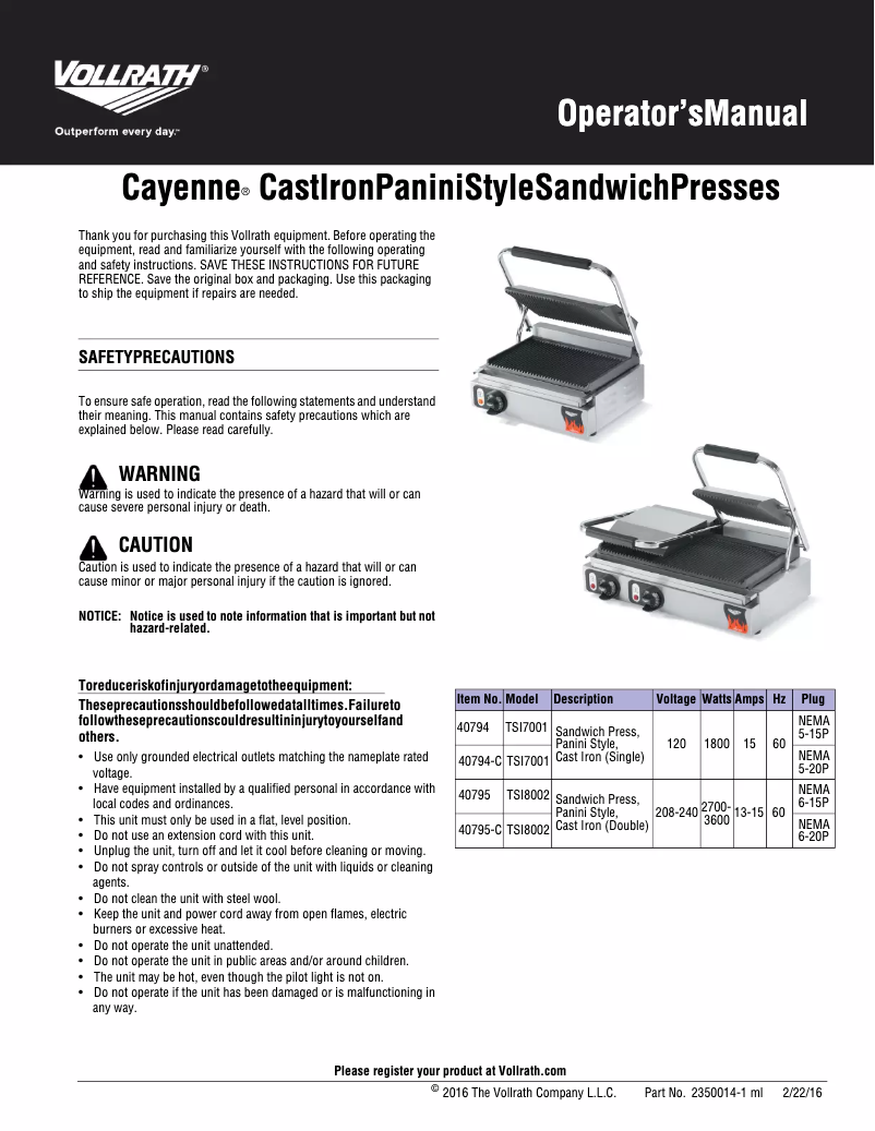 Page 1 de la notice Manuel utilisateur Vollrath 40794
