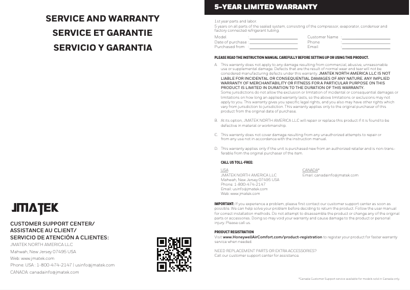 Page n°1 - Informations de garantie Honeywell DH45PWKN