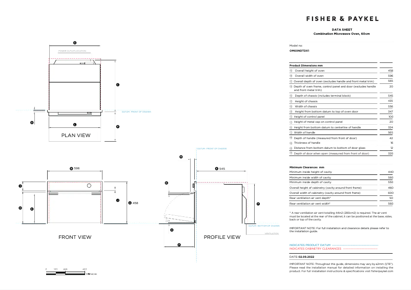 Page 1 de la notice Fiche technique Fisher & Paykel OM60NDTDB1
