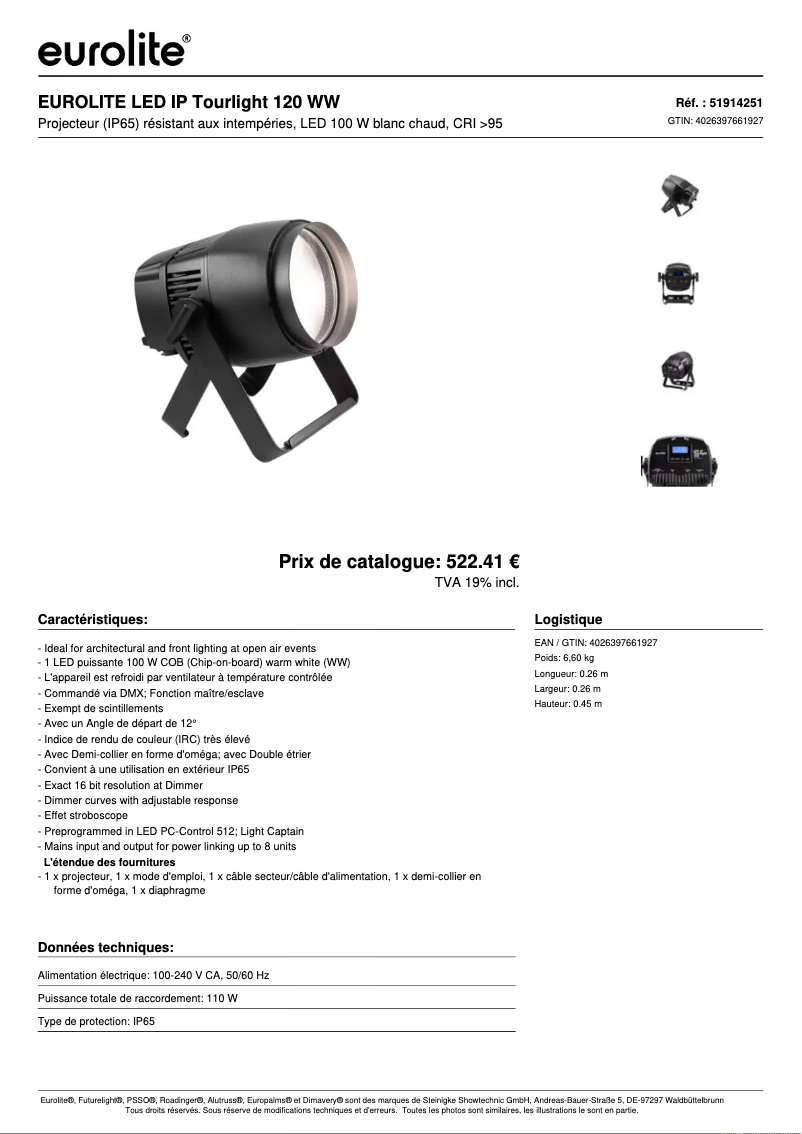 Page 1 de la notice Fiche technique Eurolite LED IP Tourlight 120
