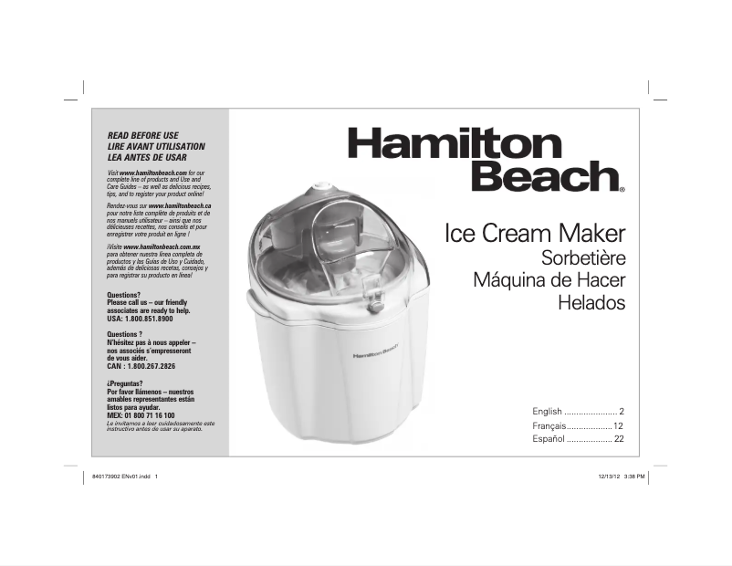 Page 1 de la notice Manuel utilisateur Hamilton Beach 68321Z