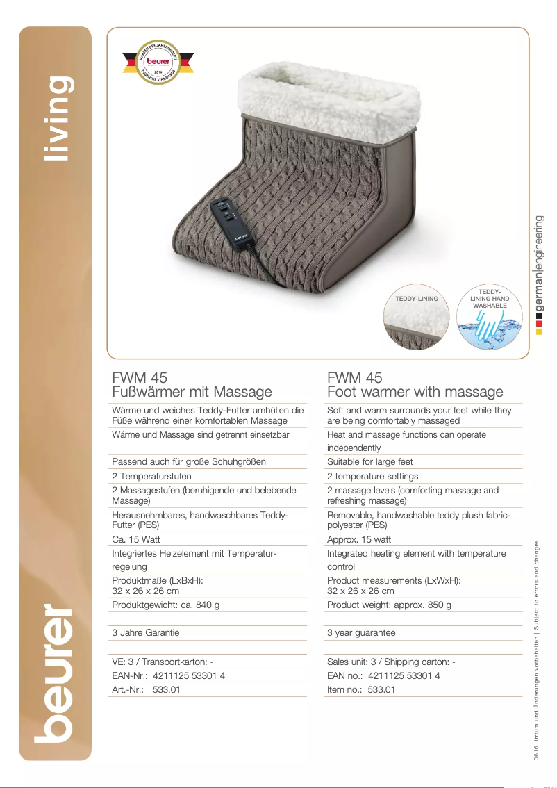 Page 1 de la notice Fiche technique Beurer FWM 45