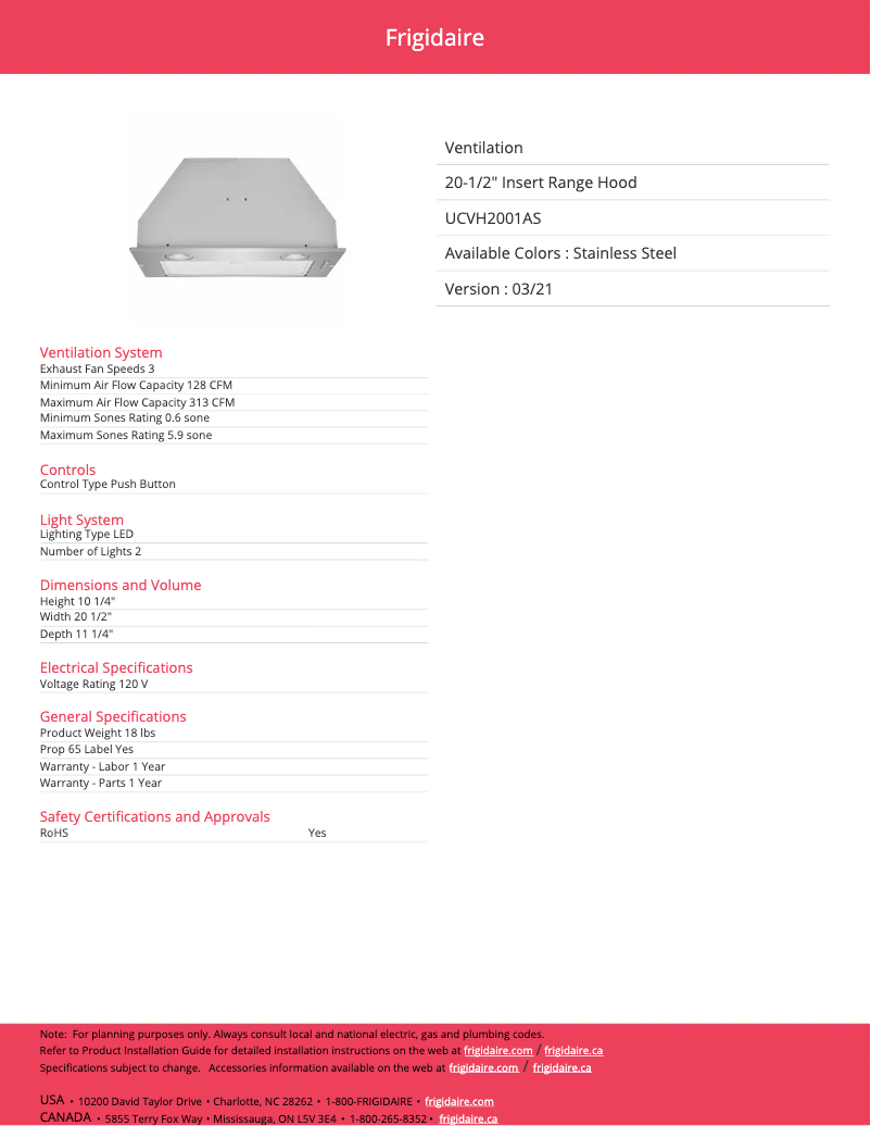 Page n°1 - Manuel utilisateur Frigidaire UCVH2001AS