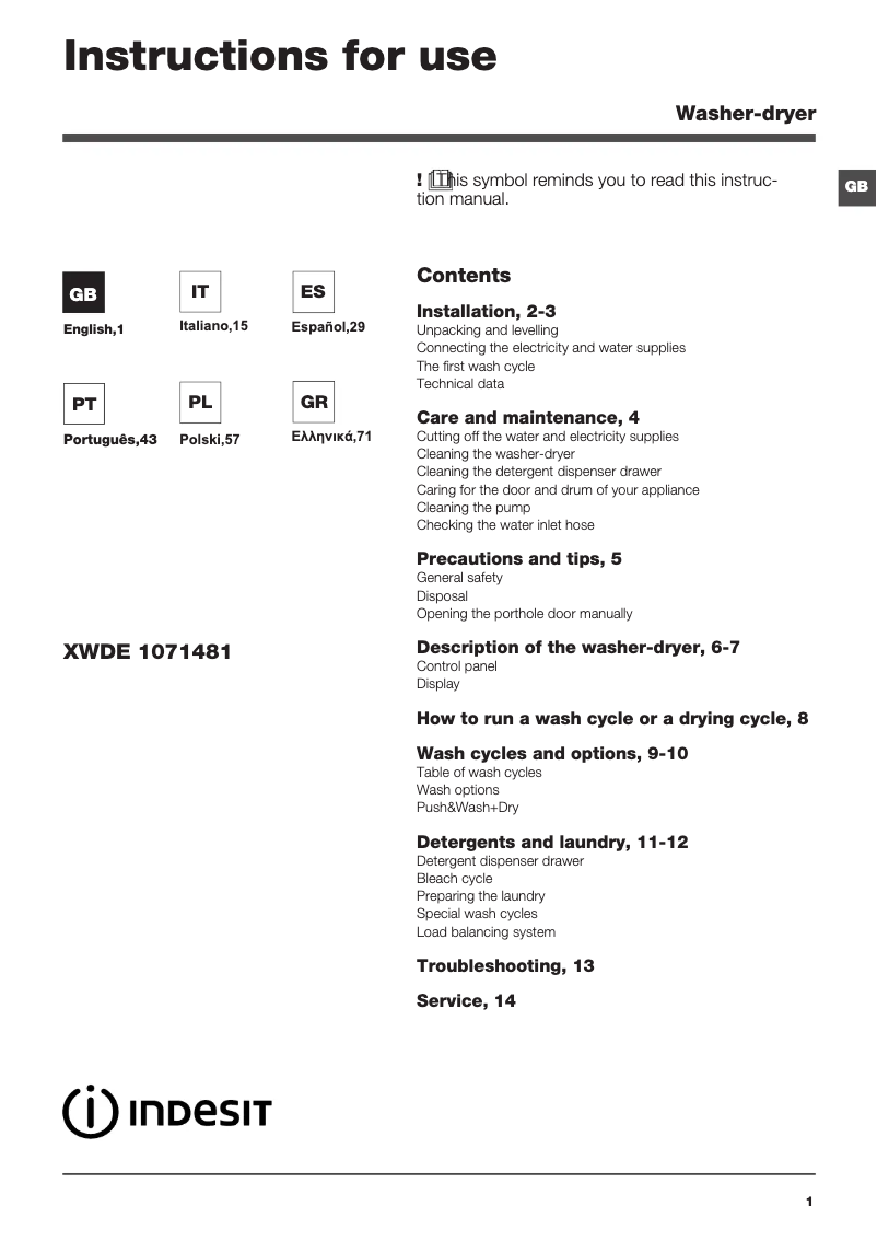 Image de la première page du manuel de l'appareil XWDE 1071481XWKKK EU