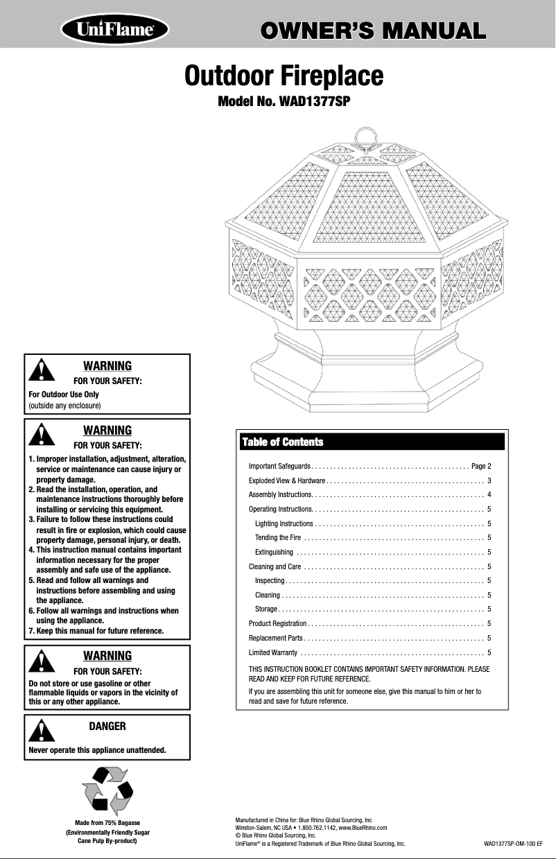 Page n°1 - Manuel utilisateur Blue Rhino WAD1377SP