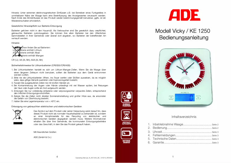 Page 1 de la notice Manuel utilisateur ADE Vicky KE 1250