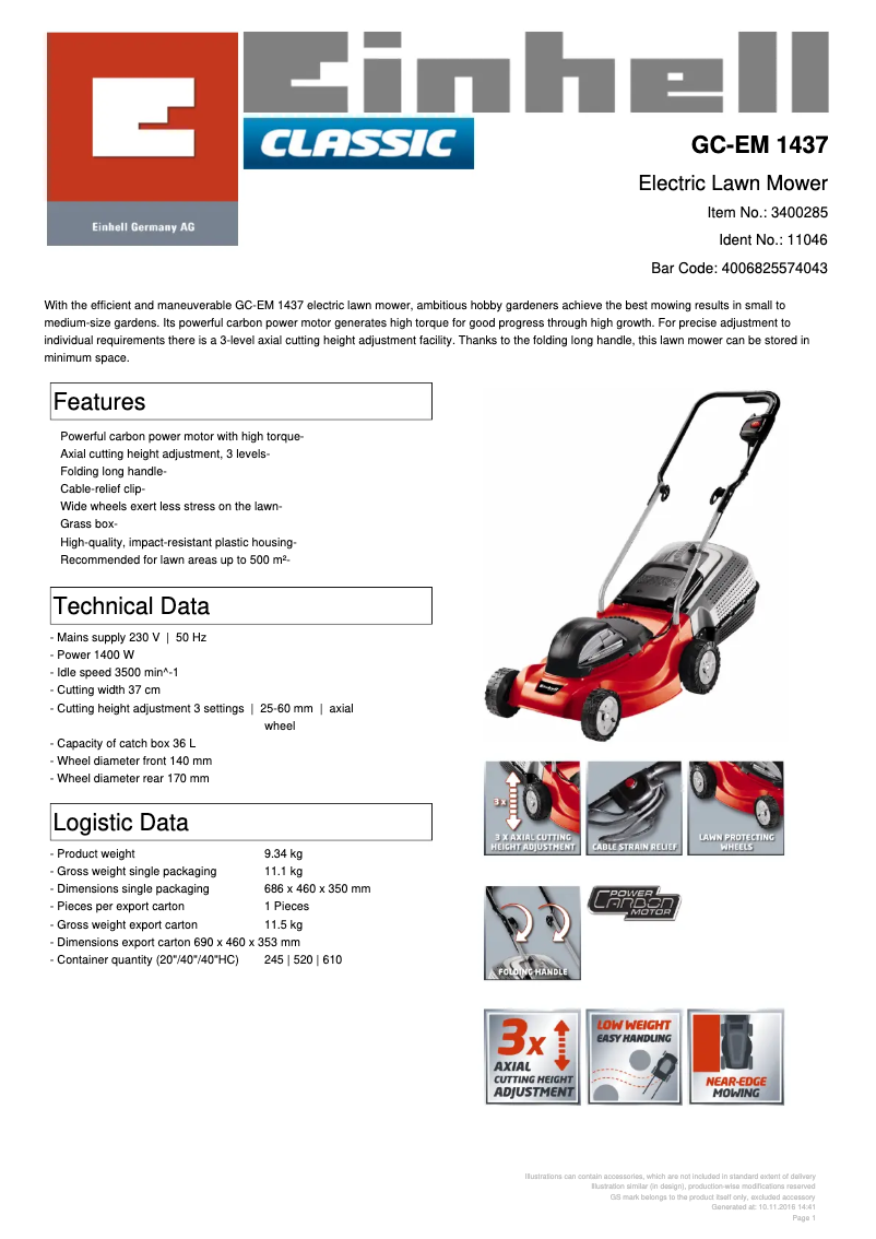 Page n°1 - Fiche technique Einhell GC-EM 1437