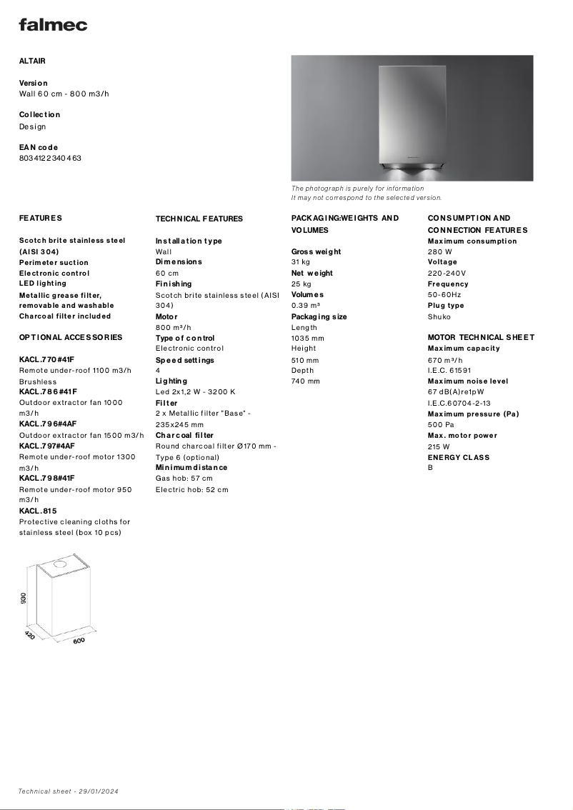Page 1 de la notice Fiche technique Falmec Altair