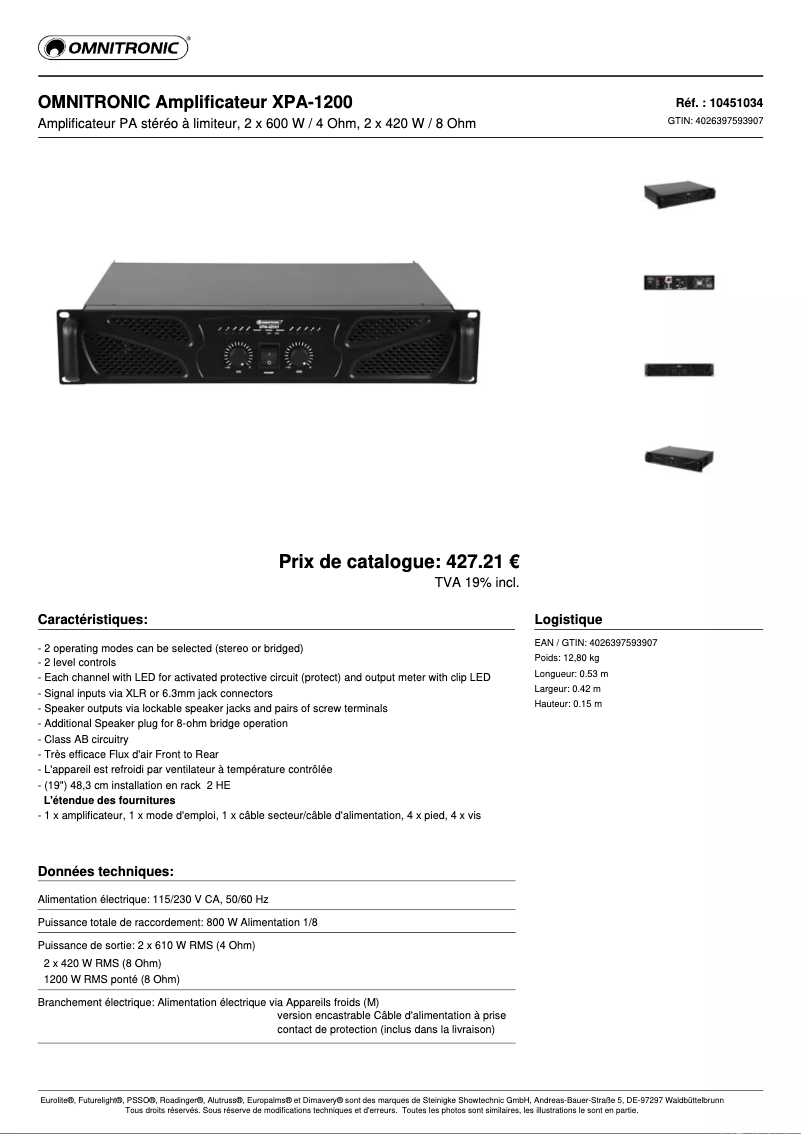 Page n°1 - Fiche technique Omnitronic XPA-1200