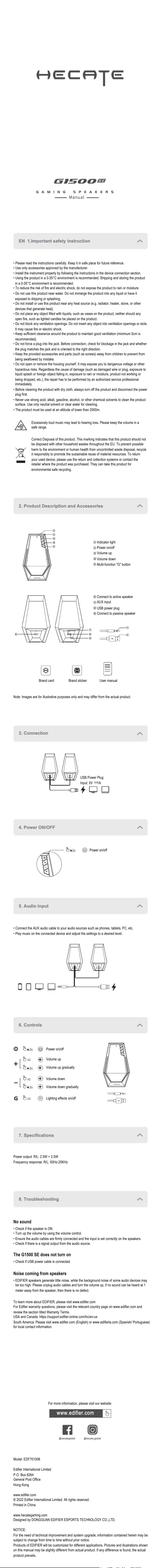 Page 1 de la notice Manuel utilisateur Edifier Hecate G1500 SE