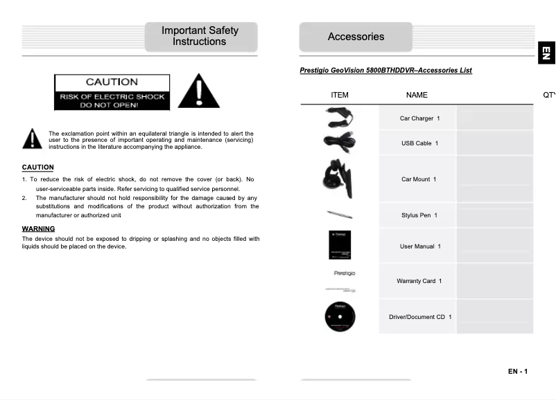 Page n°1 - Manuel utilisateur Prestigio GeoVision 5800 iGo