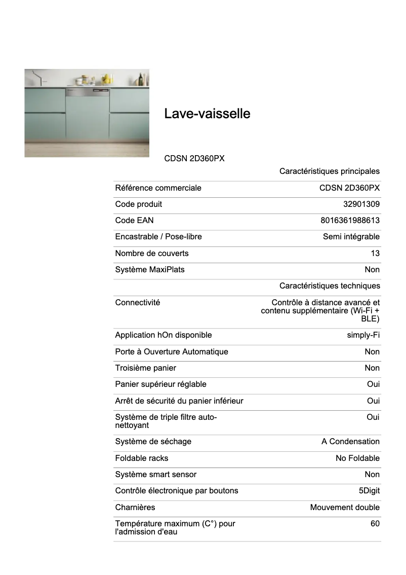 Page 1 de la notice Fiche technique Candy CDSN 2D360PX