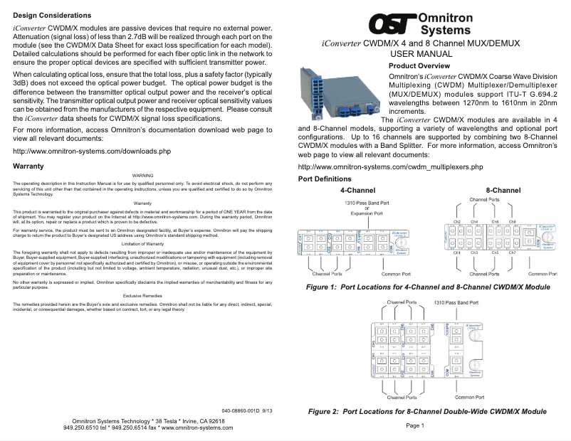 Page 1 de la notice Manuel utilisateur Omnitron Systems CWDM/X