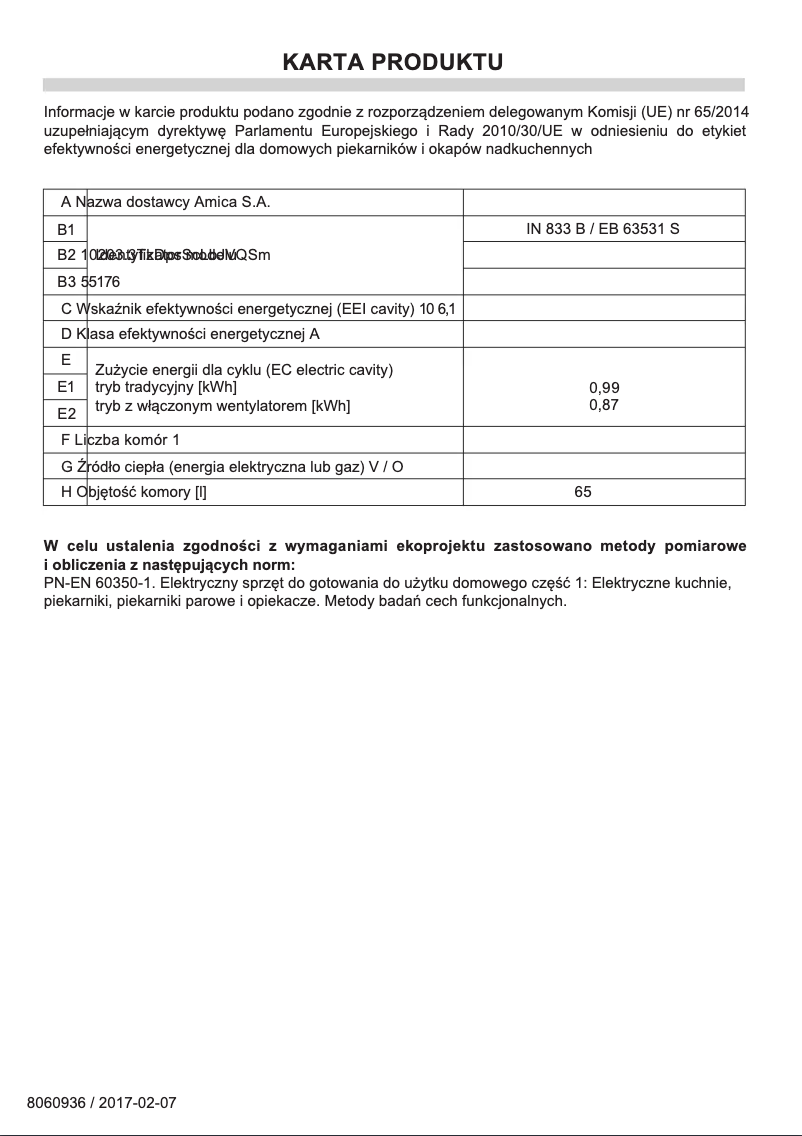 Page 1 de la notice Fiche technique Amica IN 833 B