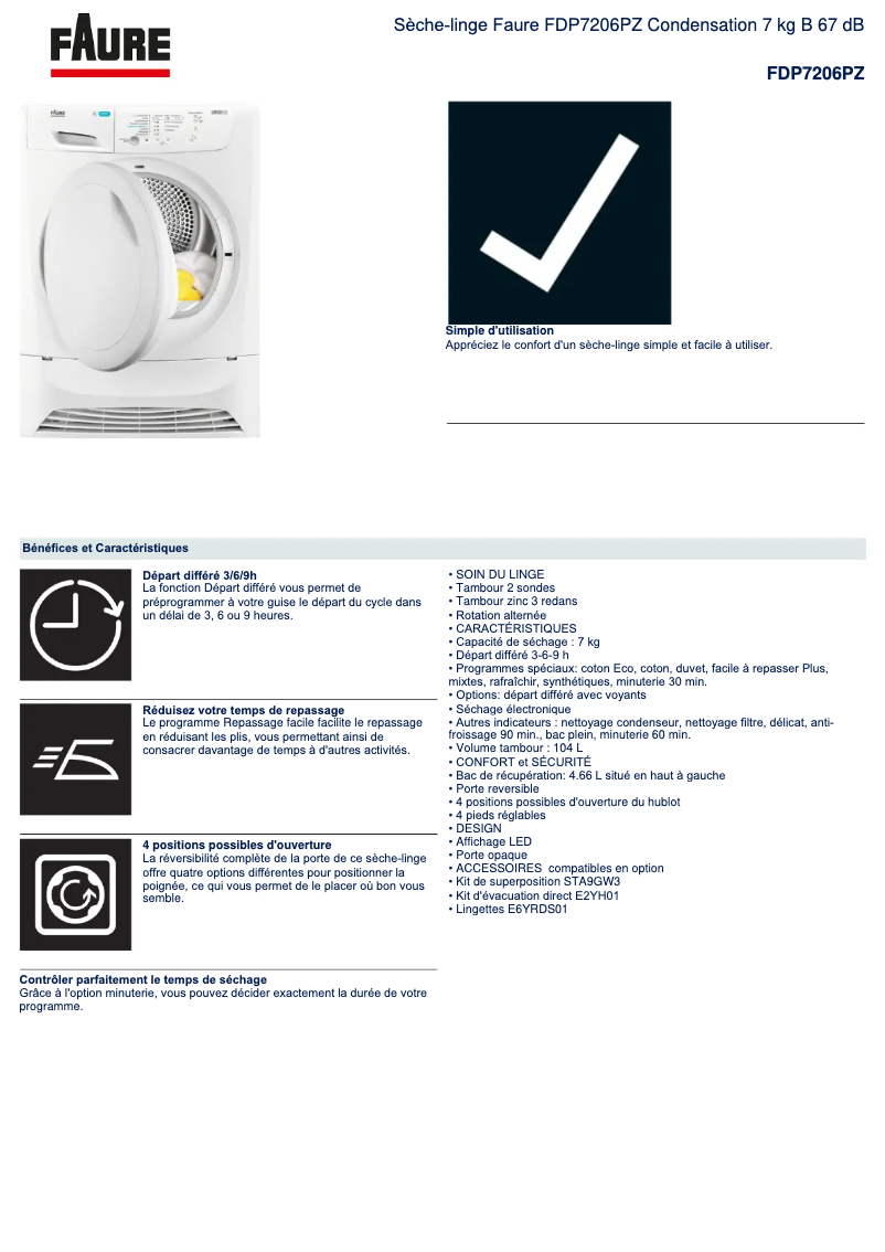 Page 1 de la notice Fiche technique Faure FDP7206PZ