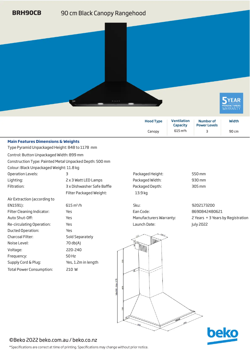 Page n°1 - Fiche technique Beko BRH90CB