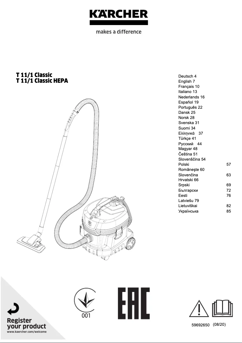 Page 1 de la notice Manuel utilisateur Kärcher T 11/1 Classic