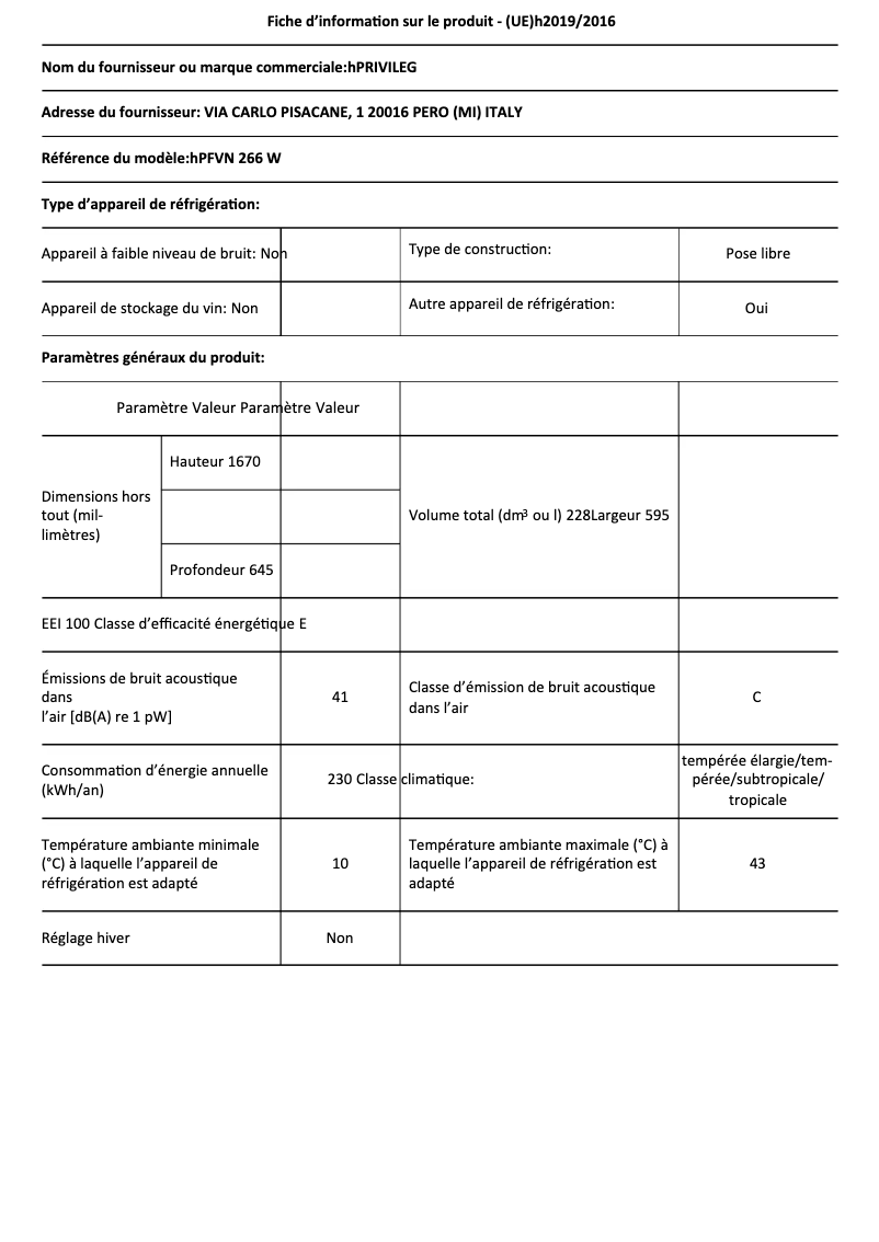 Page n°1 - Fiche technique Privileg PFVN 266 W