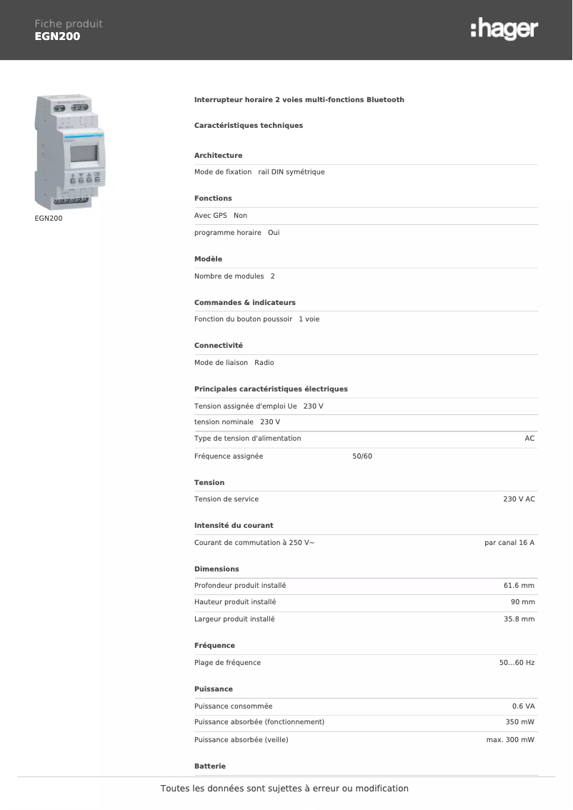 Page 1 de la notice Fiche technique Hager EGN200