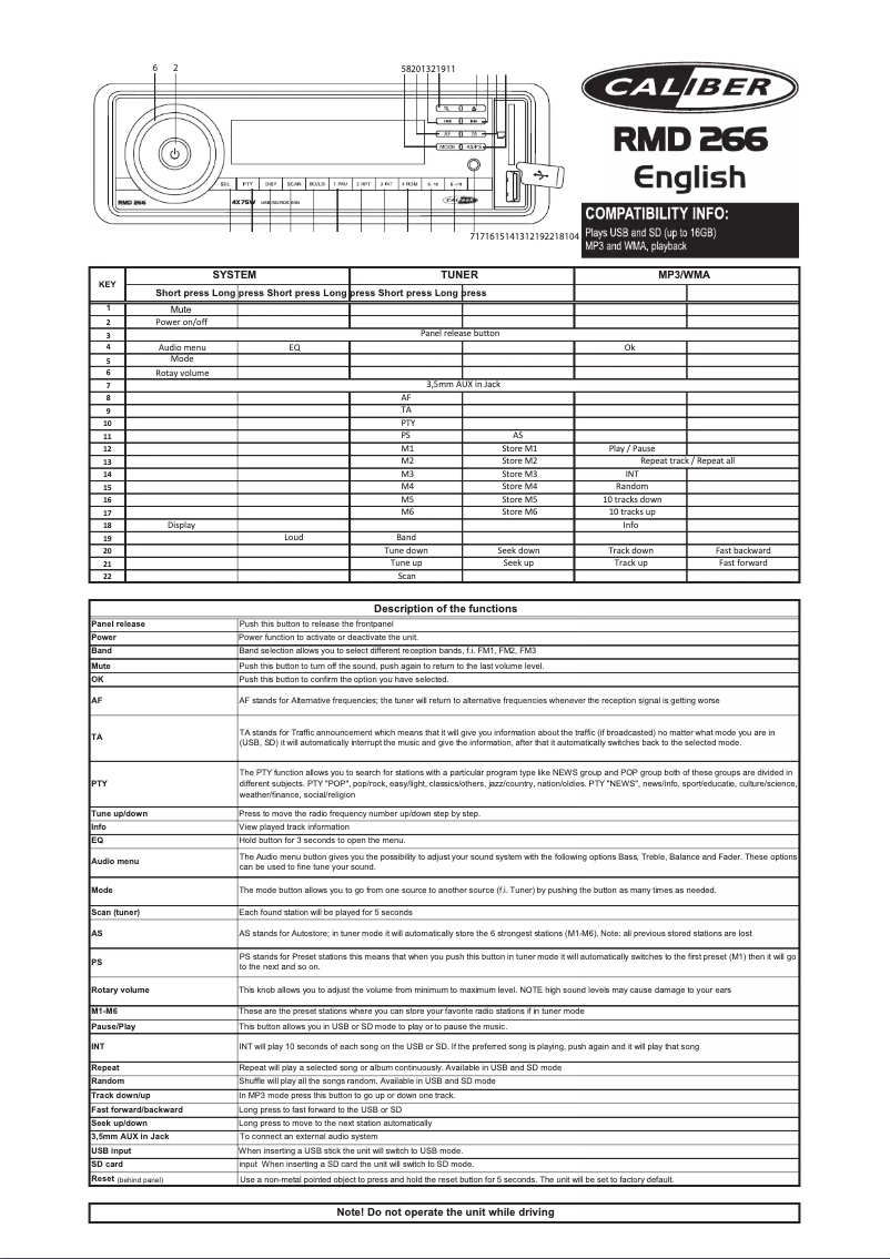 Page n°1 - Manuel utilisateur Caliber RMD 266
