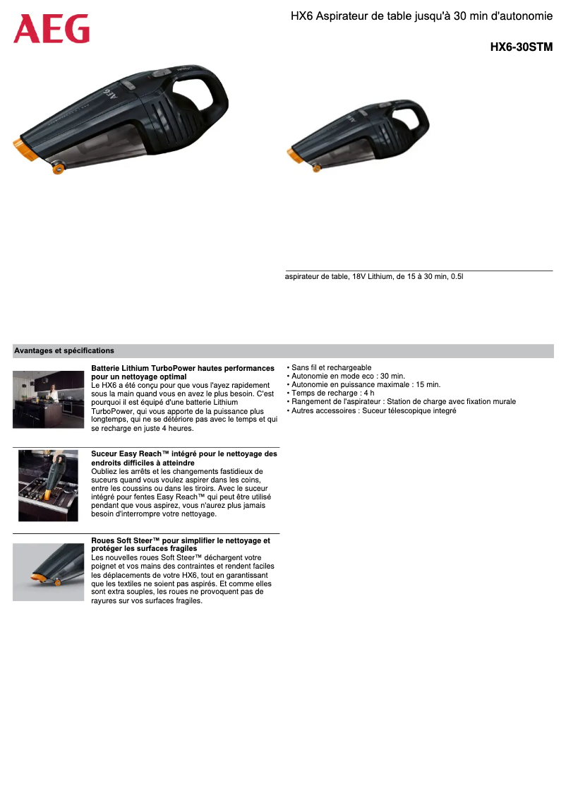 Page 1 de la notice Fiche technique AEG HX6-30STM