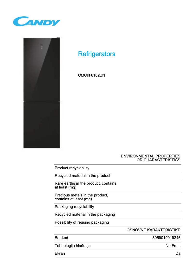 Page 1 de la notice Fiche technique Candy CMGN 6182BN
