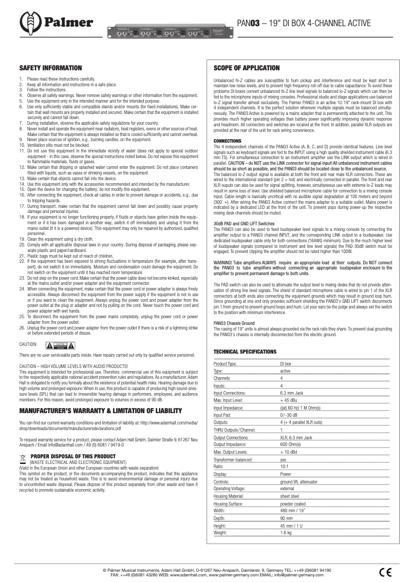 Page 1 de la notice Manuel utilisateur Palmer PAN 03