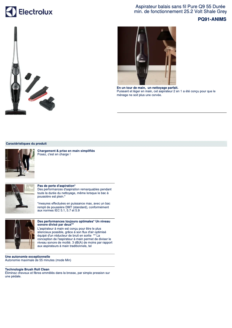 Page 1 de la notice Fiche technique Electrolux Pure Q9 PQ91-ANIMS