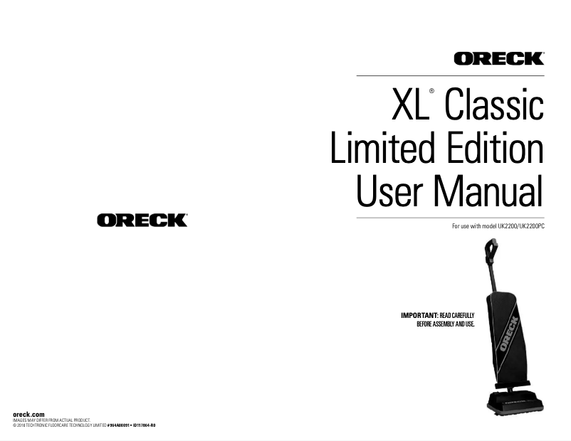 Page n°1 - Manuel utilisateur Oreck XL Classic Limited Edition UK2200