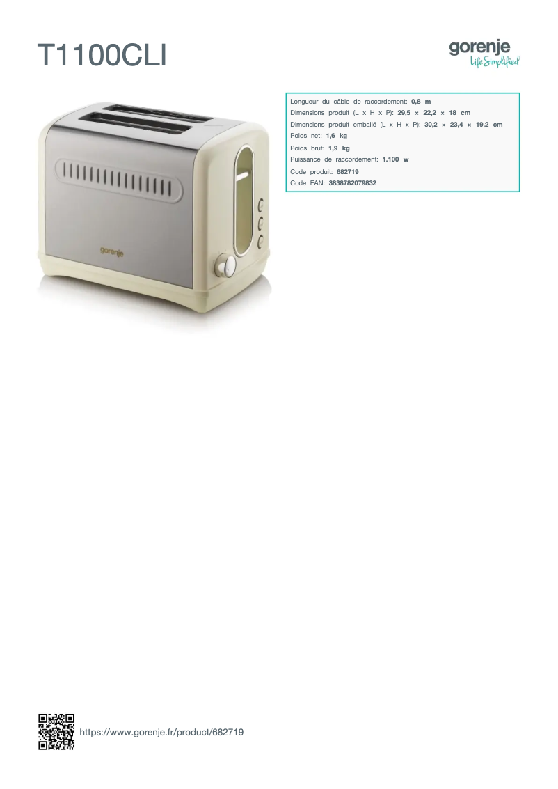 Page 1 de la notice Fiche technique Gorenje T1100CLI