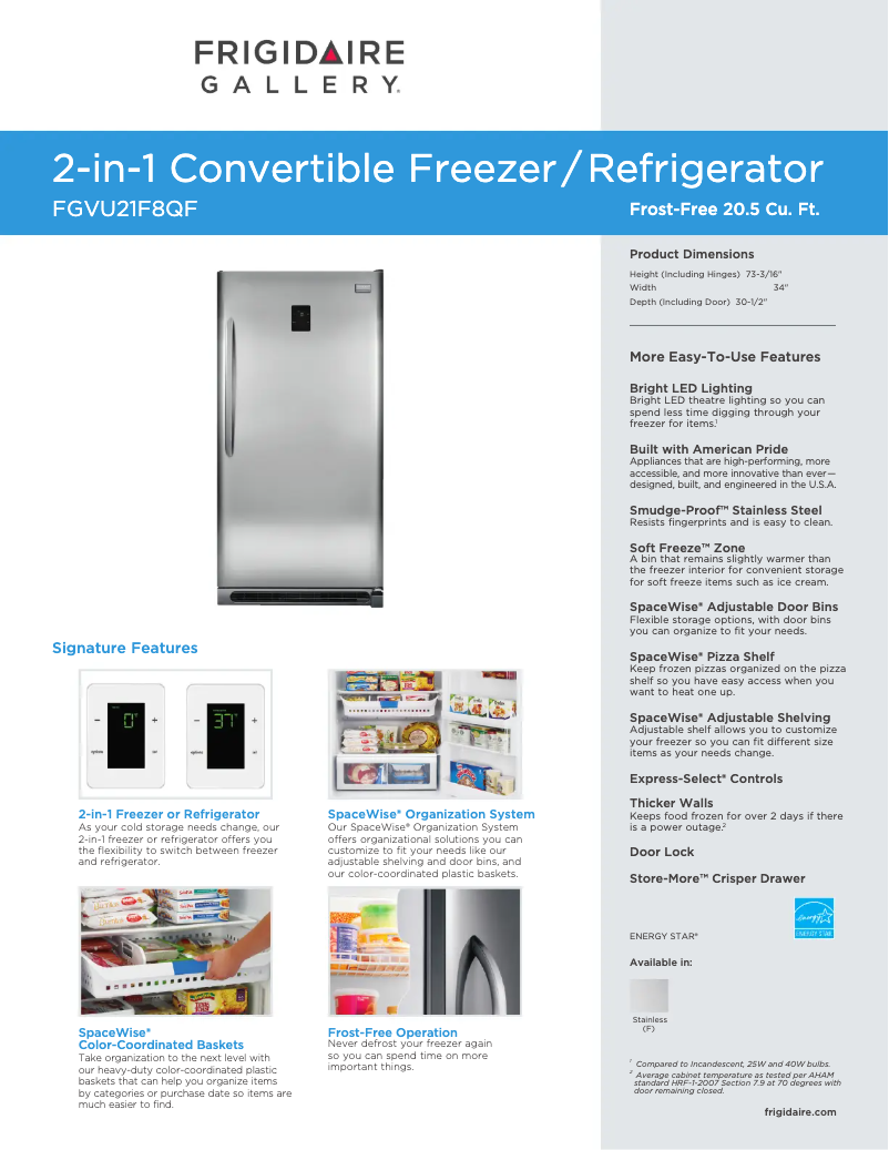 Page 1 de la notice Fiche technique Frigidaire FGVU21F8Q