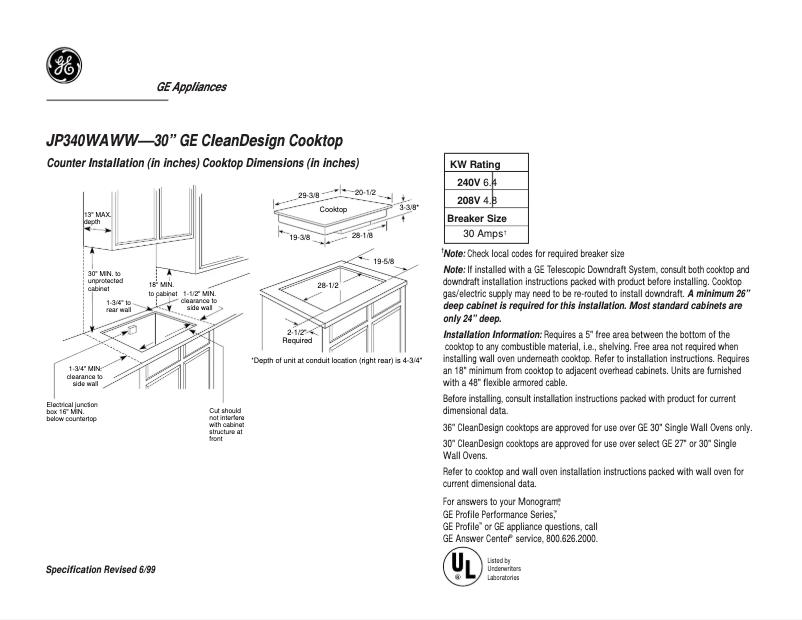 Page n°1 - Fiche technique GE JP340WAWW