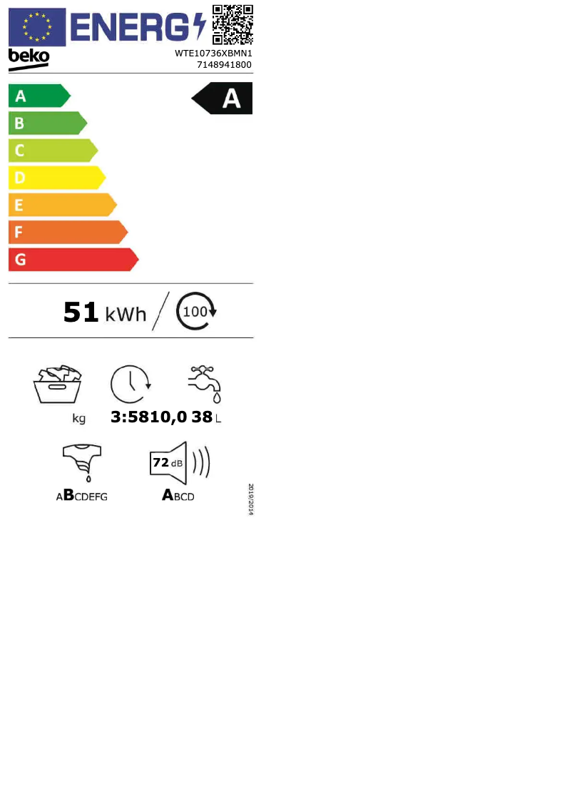 Page 1 de la notice Label énergétique Beko WTE10736XBMN1