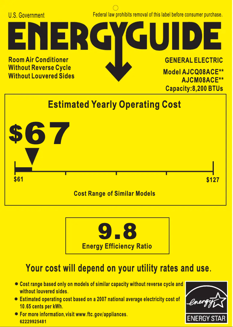Page 1 de la notice Label énergétique GE AJCM08ACE