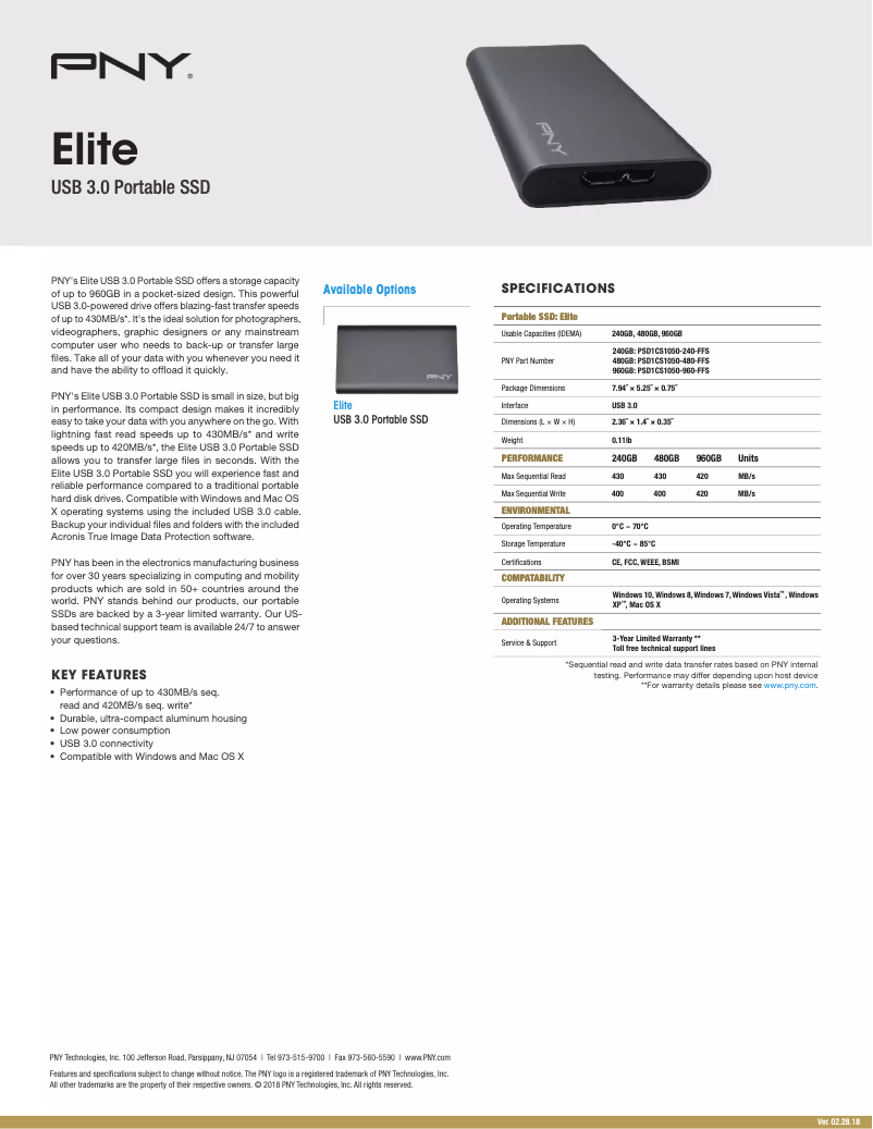 Page 1 de la notice Manuel utilisateur PNY Elite Portable SSD