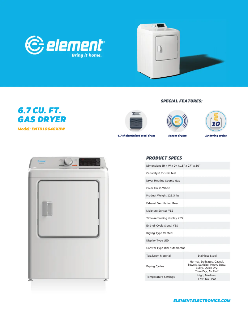 Page 1 de la notice Fiche technique Element ETDG6727CW