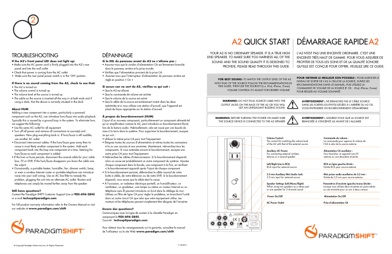 Page 1 de la notice Guide de démarrage rapide Paradigm Shift A2
