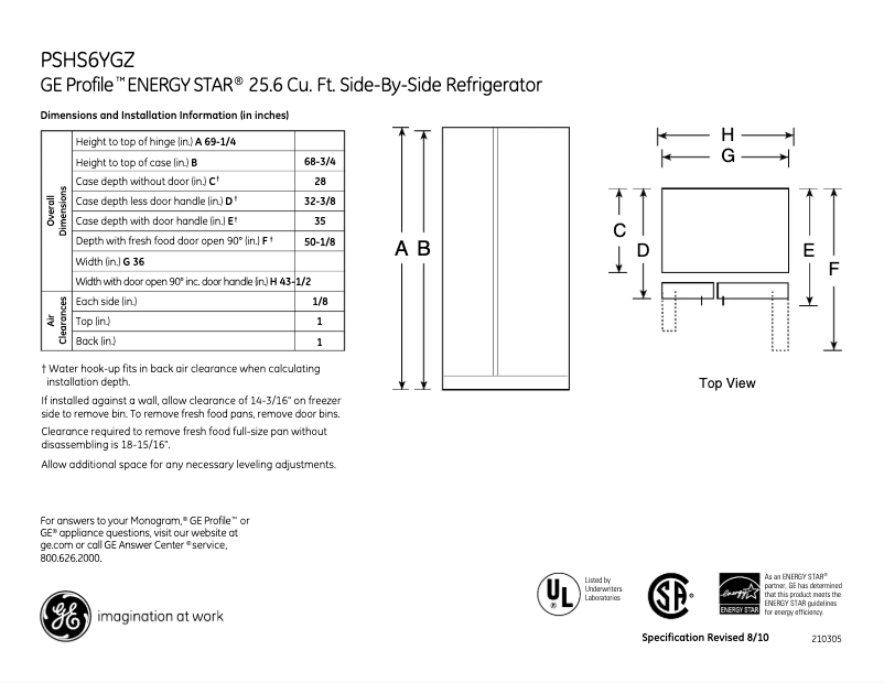 Page 1 de la notice Fiche technique GE Profile PSHS6YGZSS