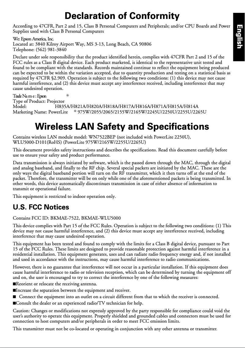 Page 1 de la notice Informations de garantie Epson PowerLite 2065