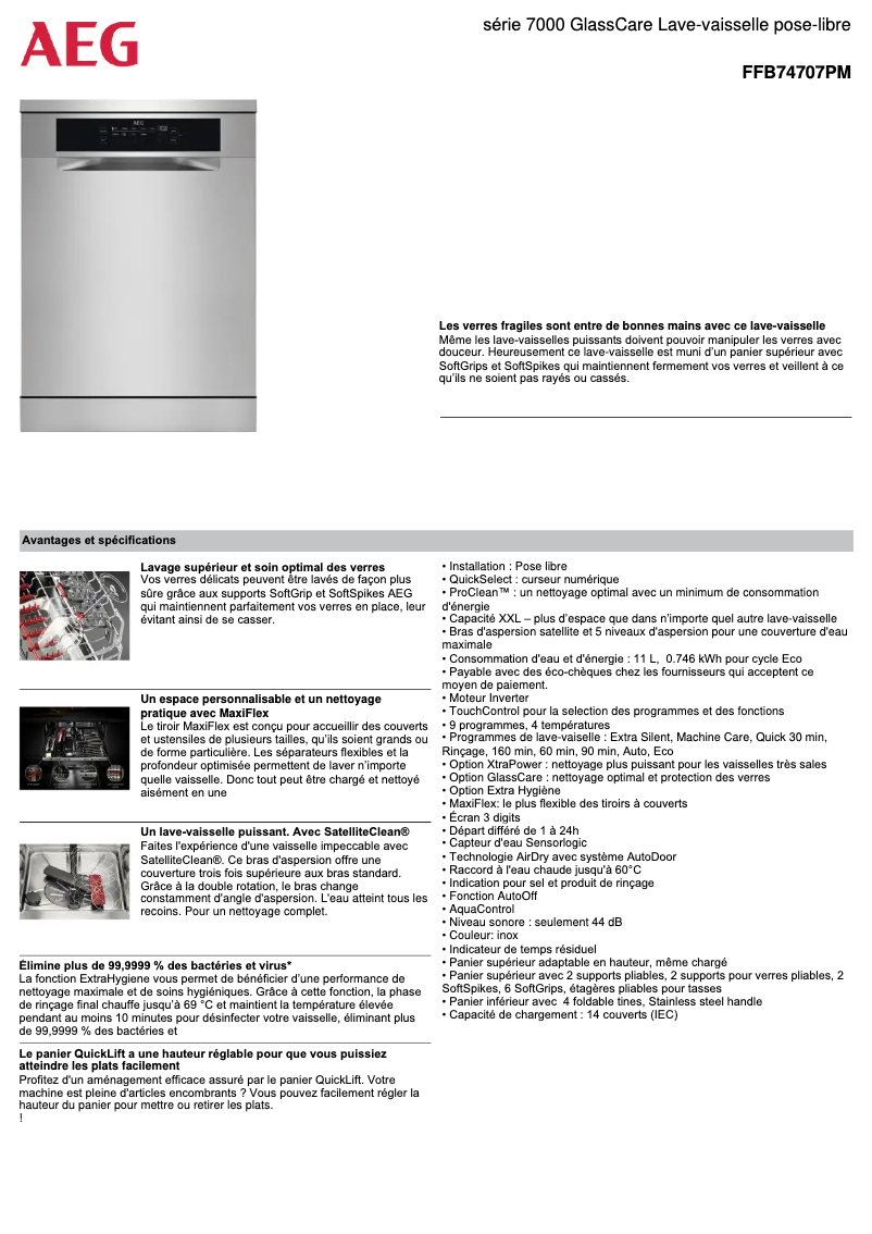 Page 1 de la notice Fiche technique AEG FFB74707PM