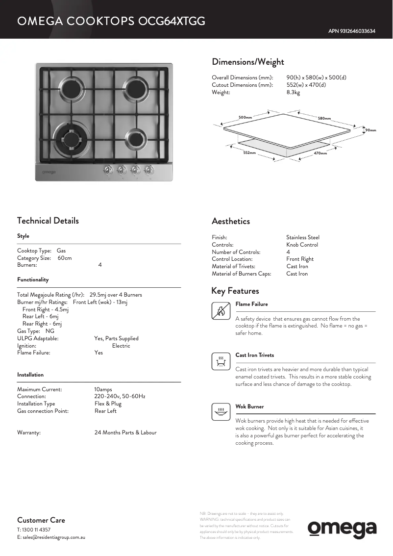 Page 1 de la notice Fiche technique Omega OCG62X