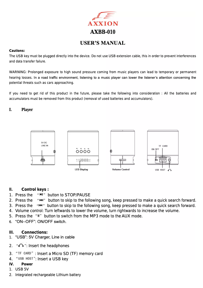 Page 1 de la notice Manuel utilisateur Axxion AXBB-010