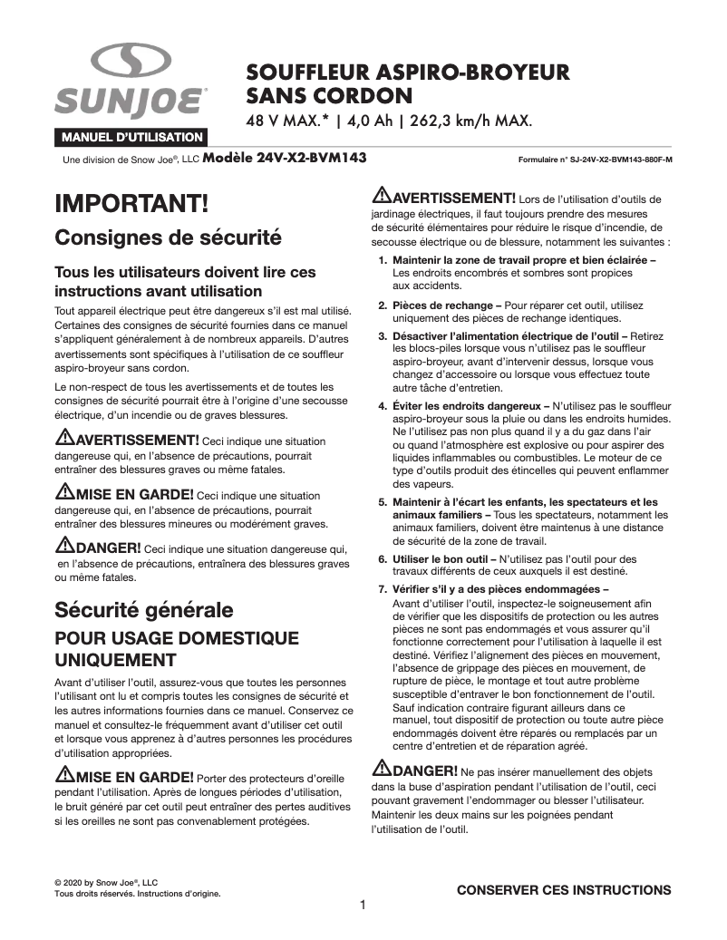 Page 1 de la notice Manuel utilisateur Sun Joe BDL-A0197