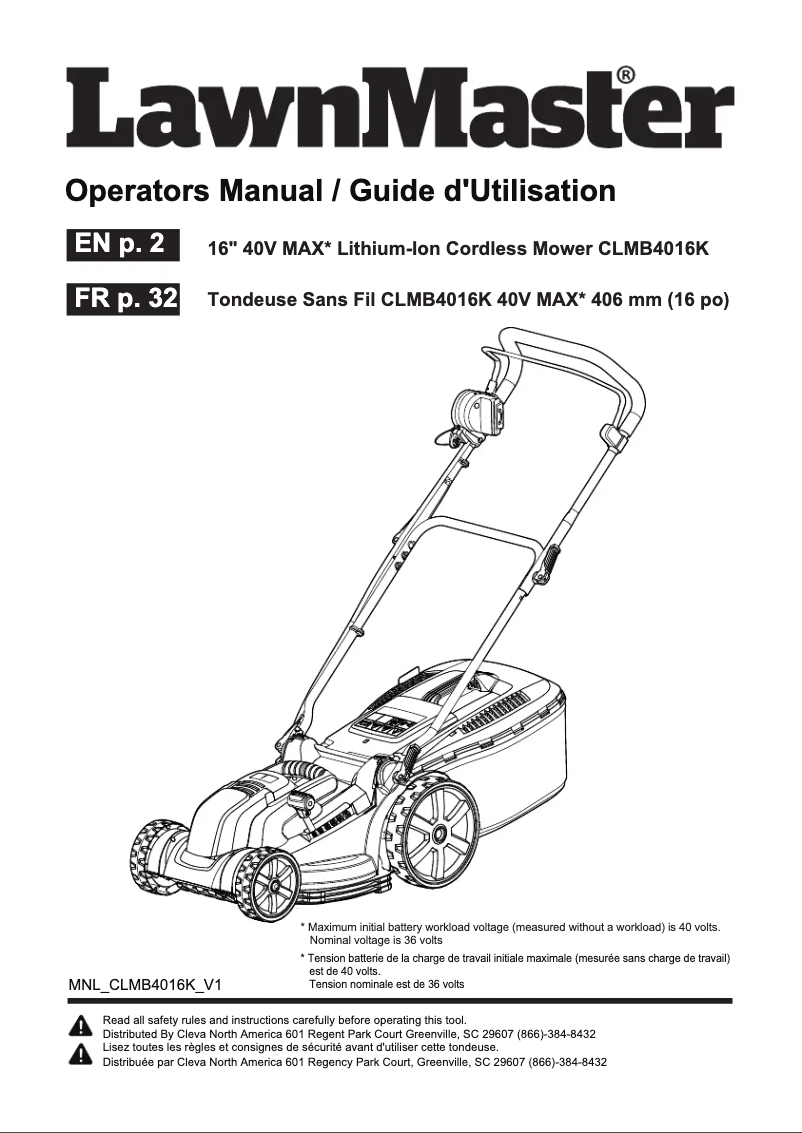 Page n°1 - Manuel utilisateur LawnMaster CLMB4016K