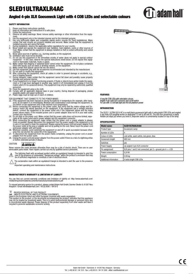 Page 1 de la notice Manuel utilisateur Adam Hall SLED1ULTRAXLR4AC