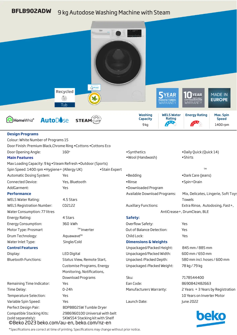 Image de la première page du manuel de l'appareil BFLB902ADW