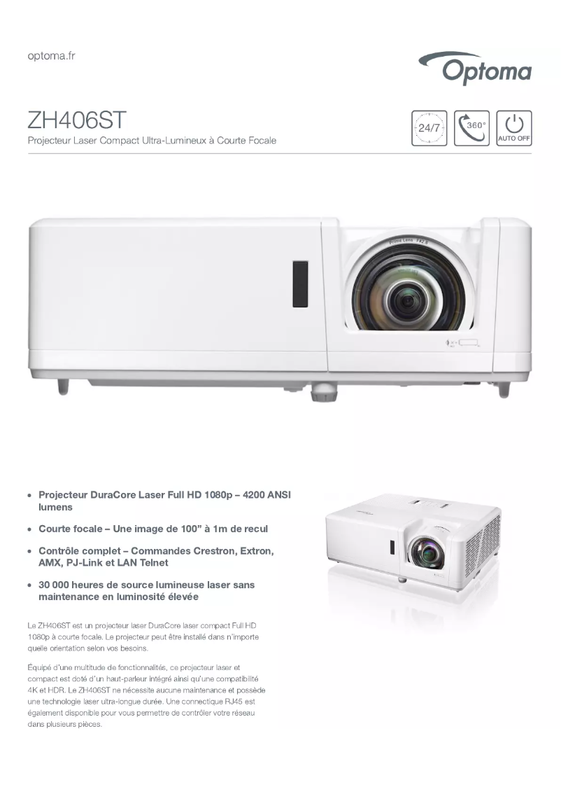 Page 1 de la notice Fiche technique Optoma ZH406ST