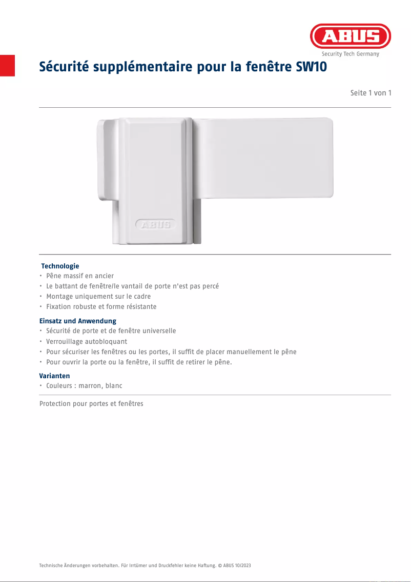 Page n°1 - Fiche technique Abus SW10