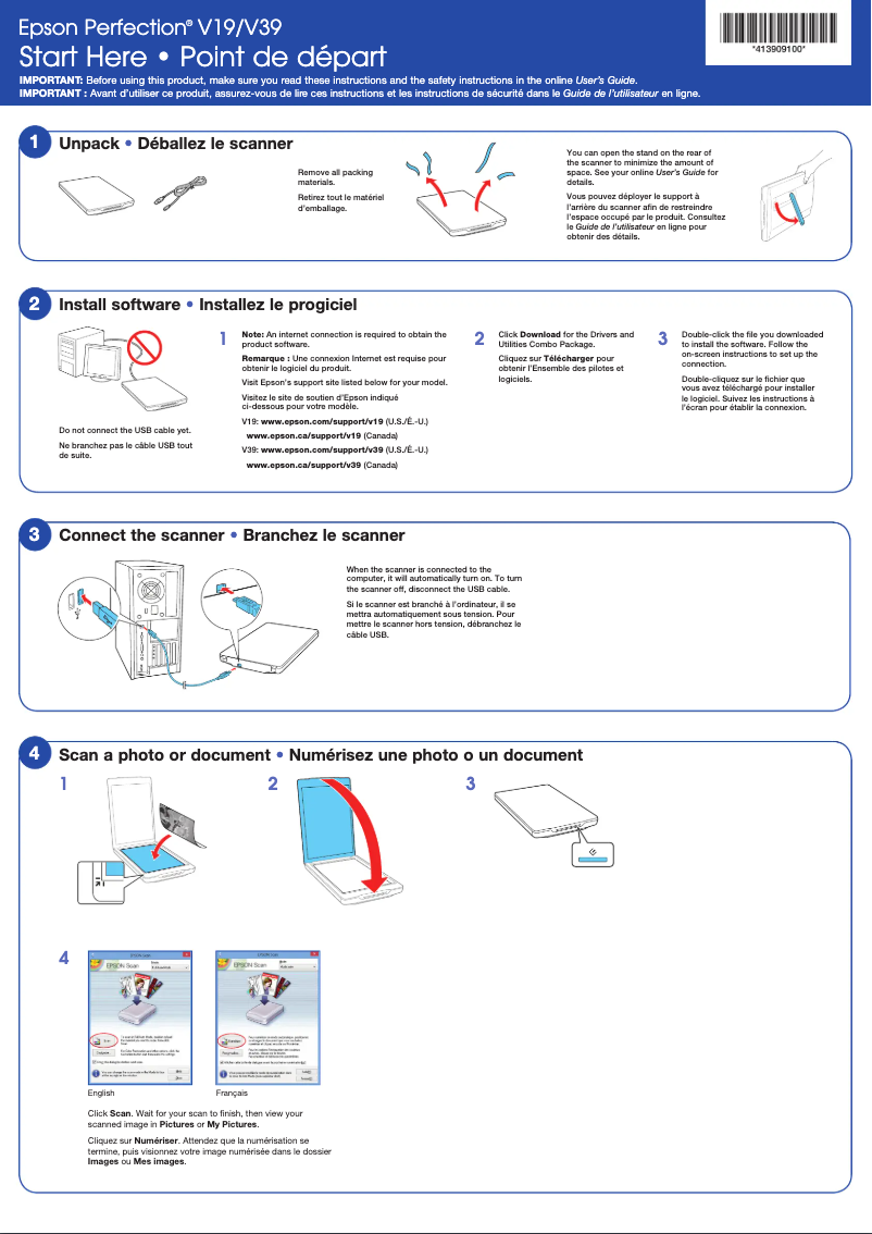 Page 1 de la notice Guide d'installation Epson Perfection V39